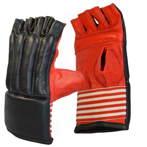 bag mitt cowhide open finger, black-red
