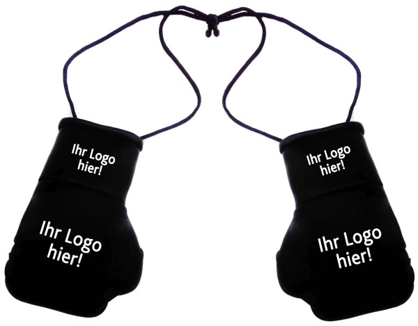 Paar Miniboxhandschuhe mit Bändel, schwarz, bedruckt